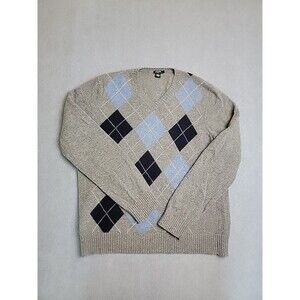 J Crew Sweater Mens L V Neck Gray Blue Argyle Lambswool Knit Preppy Grandpa